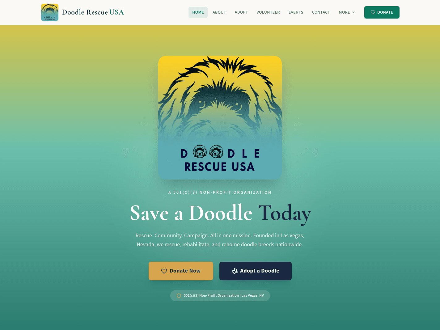 The live Doodle Rescue USA homepage — golden-to-teal gradient hero with the rescue's logo and Save a Doodle Today headline